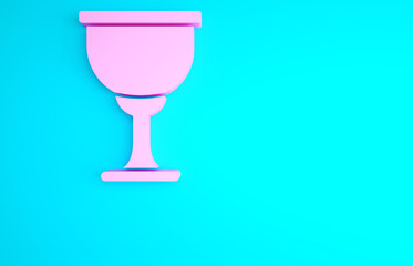 Pink Holy grail or chalice icon isolated on blue background. Christian chalice. Christianity icon. Minimalism concept. 3d illustration 3D render.