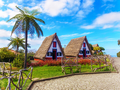 Traditionall hut houses and garden of Madeira on the village Santana on a sunny day in Portugal