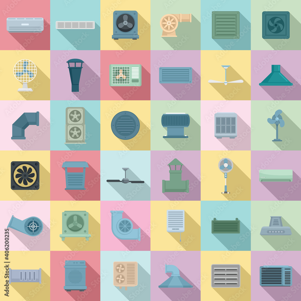 Poster ventilation icons set. flat set of ventilation vector icons for web design