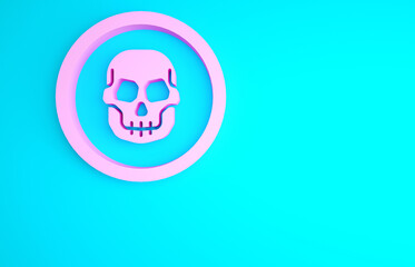 Pink Mexican skull coin icon isolated on blue background. Minimalism concept. 3d illustration 3D render.