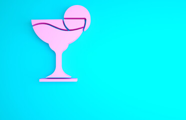 Pink Margarita cocktail glass with lime icon isolated on blue background. Minimalism concept. 3d illustration 3D render.