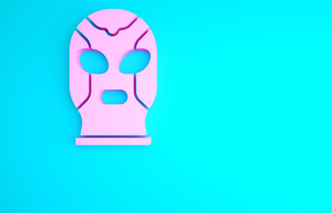 Pink Mexican wrestler icon isolated on blue background. Minimalism concept. 3d illustration 3D render.