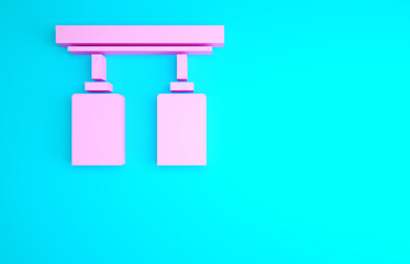 Pink Led track lights and lamps with spotlights icon isolated on blue background. Minimalism concept. 3d illustration 3D render.