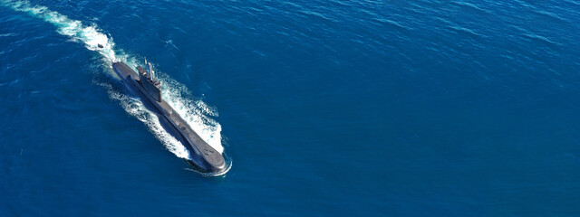 Aerial drone ultra wide panoramic photo of latest technology armed diesel powered submarine...