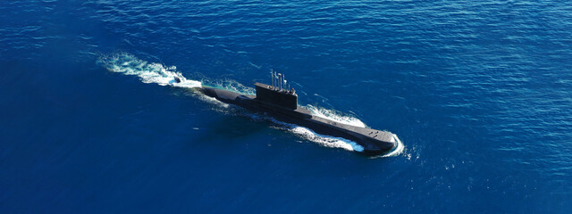 Aerial drone ultra wide panoramic photo of latest technology armed diesel powered submarine...