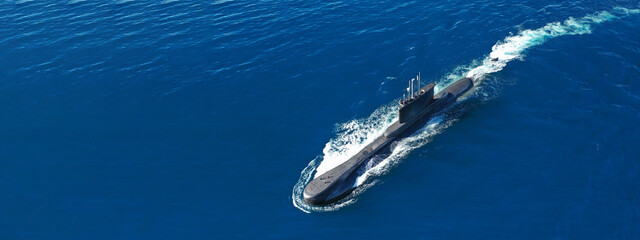 Aerial drone ultra wide panoramic photo of latest technology navy armed diesel powered submarine...