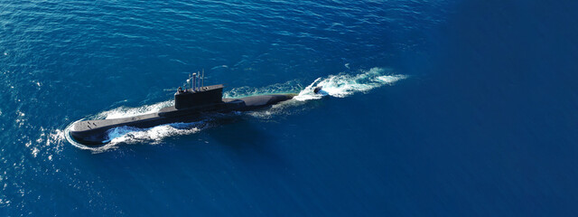 Aerial drone ultra wide panoramic photo of latest technology navy armed diesel powered submarine...