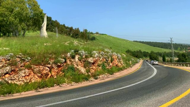 Metula, Israel - April 08,2019:Panorama of the Upper Galilee hills surrounding town Metula. Northern Israel. 4K