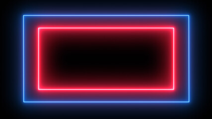  Sign in neon style. Popular abstract rectangle with neon blue red spectrum lines.