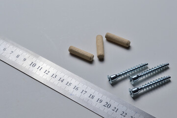 a ruler, a furniture screw and a wooden dowel lie on a light background. close-up.