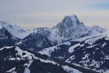 Eggli ski area and Mount Gummfluh seen from Horneggli, Switzerland.