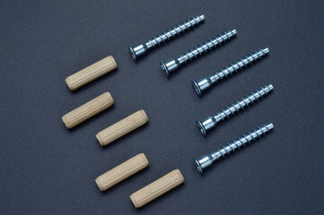 furniture screw and wooden dowel. lie on a dark background. close-up.