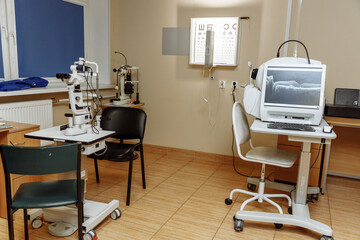 Non-contact optical coherence tomograph for visualization of the anterior and posterior segments of the eyeball. Medical equipment.