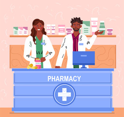 Naklejka na ściany i meble Male and female pharmacist working at drugstore and greeting customers. Pharmacists are ready to give advice on drug use. Flat cartoon vector illustration