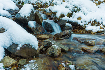 Obraz na płótnie Canvas Small stream among wet stones and white snow in the picturesque Carpathian mountains in Ukraine
