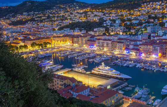Idyllic view oа entrance to  harbor - Rade de Villefranche  in Nice -  night scene with illumination