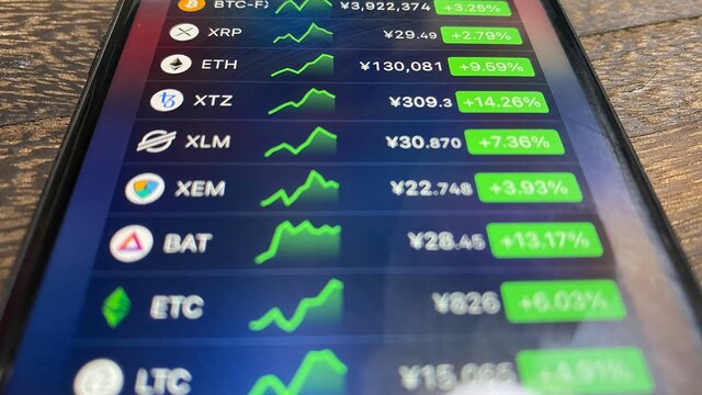 iPhoneアプリの仮想通貨(暗号資産)値動き/チャートウィジェット画面。ビットコイン/投資/資産運用/経済/フィンテック/ブロックチェーン/テクノロジーイメージ。2021年1月撮影/日本