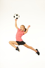 Cute girl with soccer ball jumping and screaming