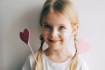 Lovely little girl with paper hearts. Valentines day. Portrait of a child holding pink valentine. - 406207296