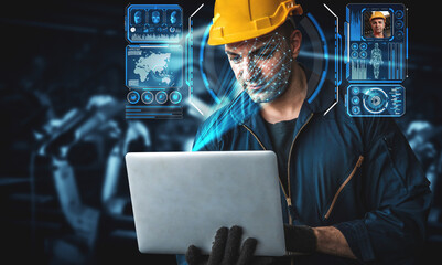 Facial recognition technology for industry worker to access machine control . Future concept interface showing digital biometric security system that analyze human face to verify personal data .