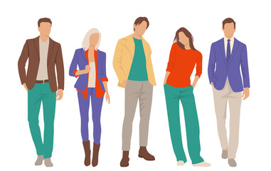 Obraz premium Set of young men and women, different colors, cartoon character, group of silhouettes of standing business people, students, the design concept of flat icon, isolated on white background