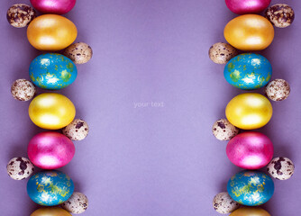 Bright colored eggs on a gray background. Easter theme, holiday. Happy easter card with copy space for text in minimalist easter style. Color of the year. Grey.