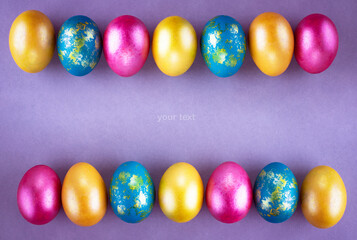 Bright colored eggs on a gray background. Easter theme, holiday. Happy easter card with copy space for text in minimalist easter style. Color of the year. Grey.