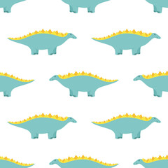 Seamless pattern with blue stegosaurus, happy dinosaur with a smile. Isolated. Illustration for children. Drawn by hands. It can be used for design of clothes, fabrics, wrapping paper, phone cases.