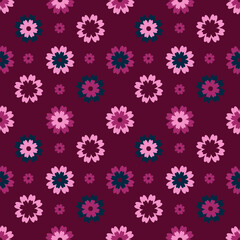 Fototapeta na wymiar Small multicolored flowers on a dark blue background. Seamless spring pattern for textiles, clothing, covers, gliders, wrapping paper. 