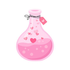 Bottle with magic love potion and tag. Valentine's day theme. Vector illustration for celebration cards, print, web applications, mobile and infographics isolated on white background