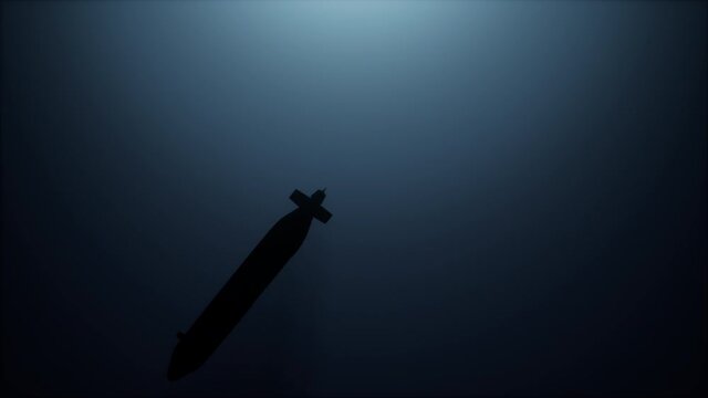 Submarine silhouette underwater. Bright volumetric light shafts from above. 3D Animation.