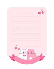 A love letter rectangle shape template. Lovely cute wish list with cats and hearts. Cartoon Kitten Character. Vector illustration. Perfect for greeting card, invitation, note paper with empty space.