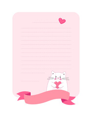 A love letter rectangle shape template. Lovely cute wish list with cat and hearts. Cartoon Kitten Character. Vector illustration. Perfect for greeting card, invitation, note paper with empty space.