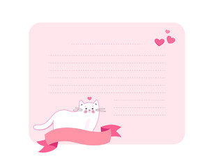 A love letter rectangle shape template. Lovely cute wish list with cat and hearts. Cartoon Kitten Character. Vector illustration. Perfect for greeting card, invitation, note paper with empty space.