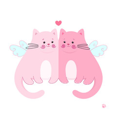Cute in love cat angels. Vector illustration. A couple of funny kittens with wings useful for greeting Valentines themed card and invitation, prints for apparel, designs, and many other applications.