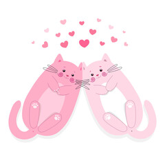 Cute in love cats are laying on the floor. Vector illustration. A couple of funny kittens with hearts useful for greeting Valentines themed card and invitation, prints for apparel, designs etc.
