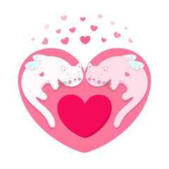 Valentine's Day Vector Card. Couple in love concept. Pink heart with cute cat angels, symbol of cozy fluffy delicate feelings. Print for apparel, greeting card etc.