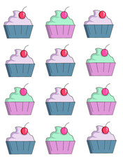 Set of cupcakes of different colors with cream and cherries