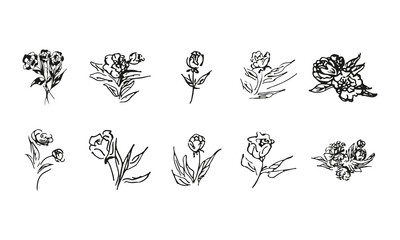 Doodle simple vector collection of 10 hand-drawn roses. Big collection of 10 hand-drawn roses. Big floral botanical set. Isolated on white background.