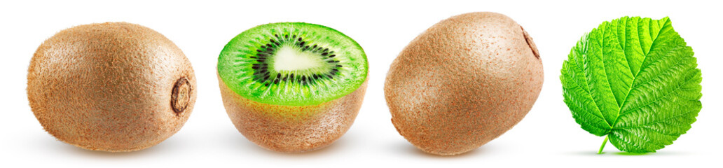 Set of two whole kiwis, half kiwi, and leaf isolated on white background. Kiwi tropical fruit.