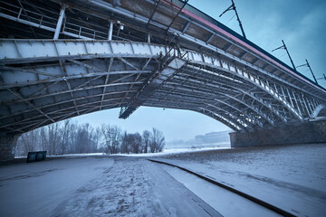 View at snowy Warsaw, under Poniatowski bridge 