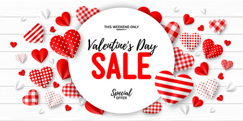Valentine's Day sale banner background. Romantic composition with red hearts on white wooden background vector illustration