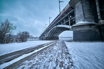 View at snowy Warsaw, under Poniatowski bridge 