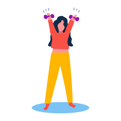 Fototapeta premium the girl is engaged in sports at home with dumbbells, exercises on her hands