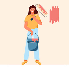 The girl holds a roller with paint and a bucket of paint, home repairs, painting walls in the house, apartment, professional painter. Vector flat illustration