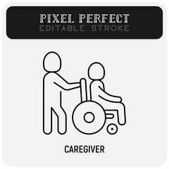 Caregiver with elderly person in wheelchair. Thin line icon. Assisted living in nurse house. Geriatric medicine. Pixel perfect, editable stroke. Vector illustration.