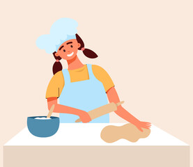 A girl stands at the kitchen table with a rolling pin for rolling out the dough in her hands, a girl rolls out the dough, cooking with children. Vector flat illustration