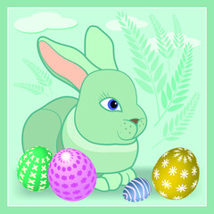 Vector image. Easter holiday. The image of a rabbit on a background of colored eggs.