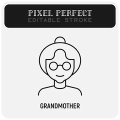 Grandmother in eyeglasses with hair bun. Thin line icon. Pixel perfect, editable stroke. Vector illustration.