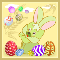 Vector image. Easter holiday. The image of a rabbit on a background of colored eggs.